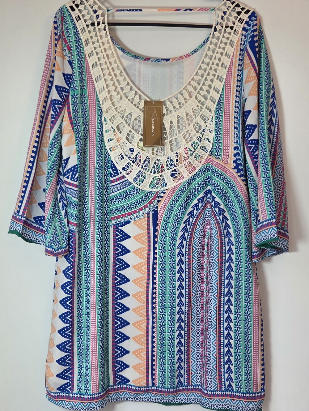 NWT Boho Crochet Back Boutique Vacation Dress L Francesca's Pink Owl Boho Shift